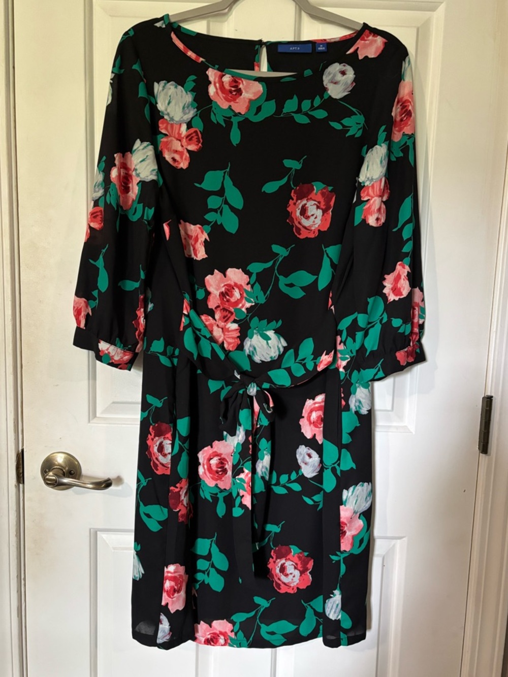 BNWOT Floral Tie-Waist Women’s Dress - Black with Pink & Green Floral. Medium.